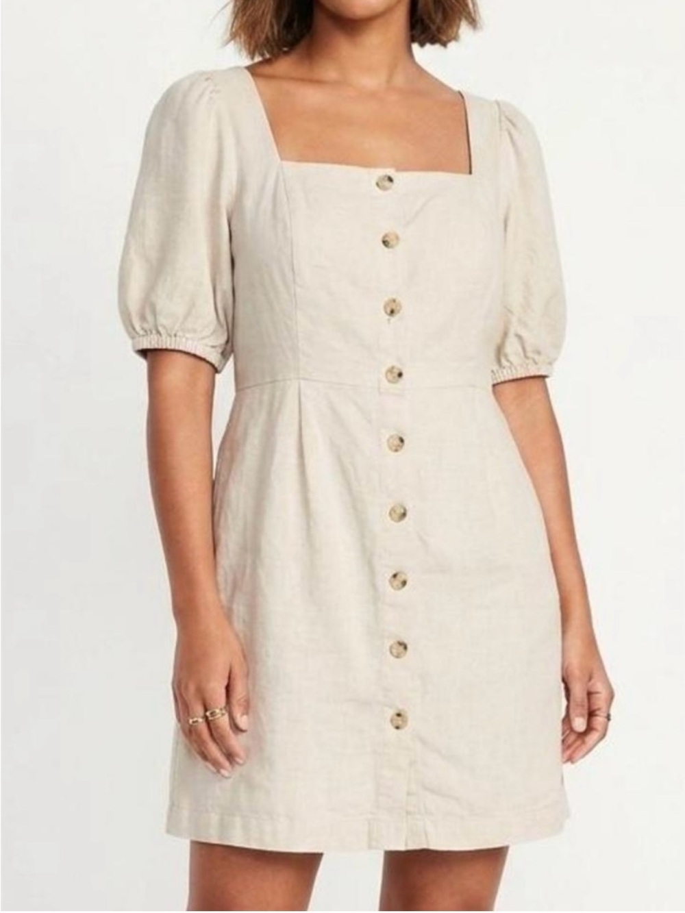 Linen blend button-down dress with puff sleeves